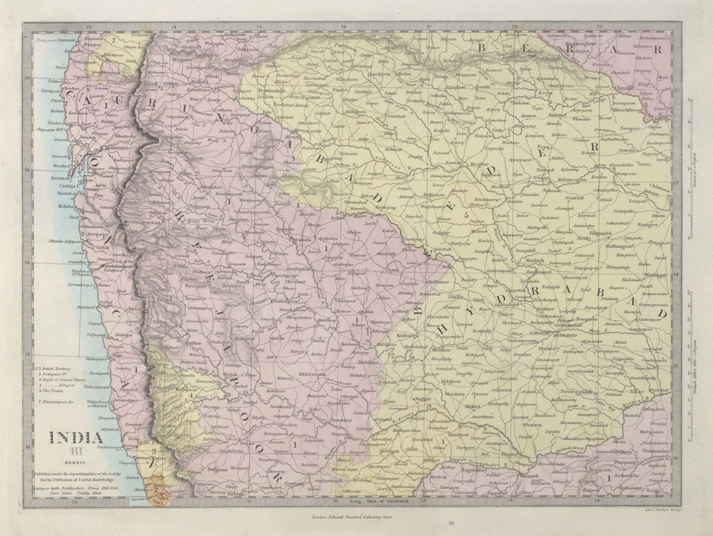 BRITISH INDIA Bombay Mumbai Maharashtra Telangana Goa Hyderabad. SDUK 1857 map