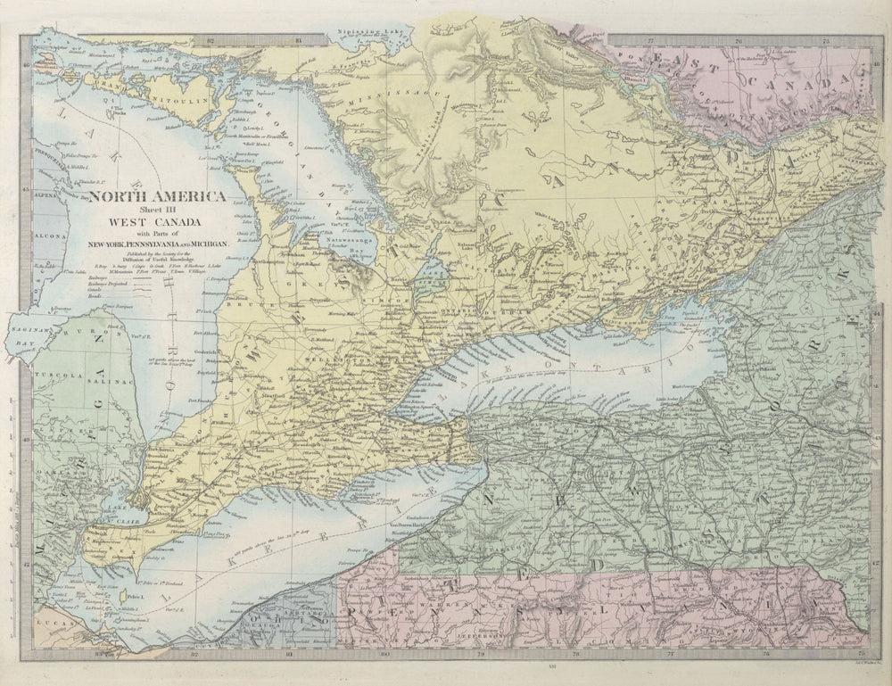 GREAT LAKES Huron Erie Ontario. Upstate New York. Railways. SDUK 1857 old map
