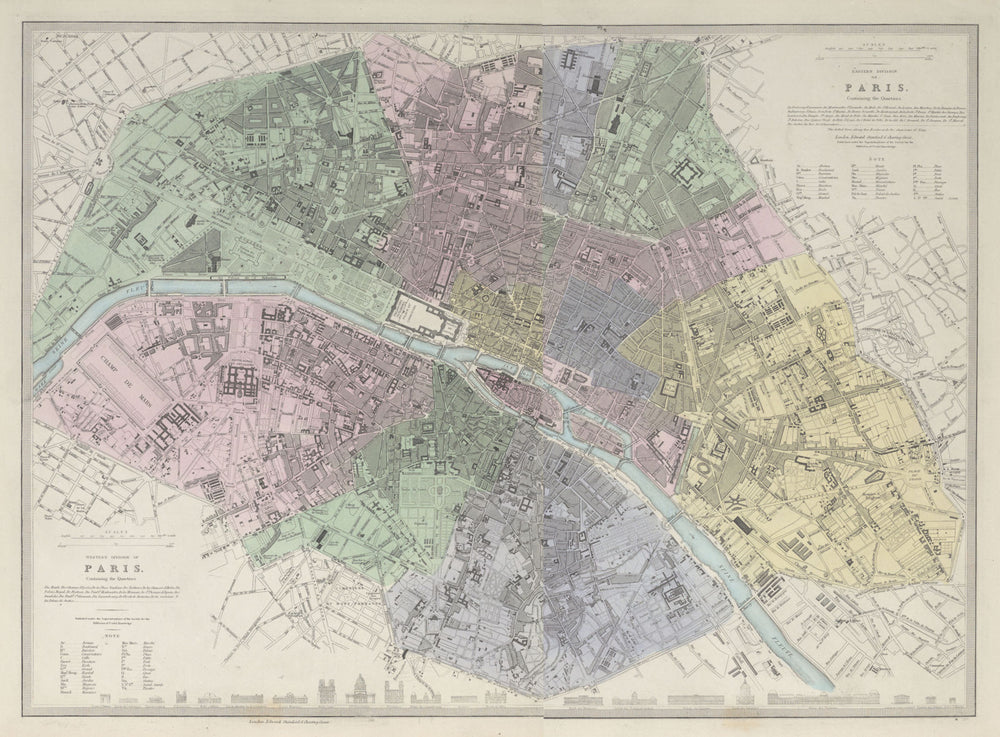 PARIS antique town city map plan LARGE 55x40cm. 2 sheets conjoined SDUK 1857