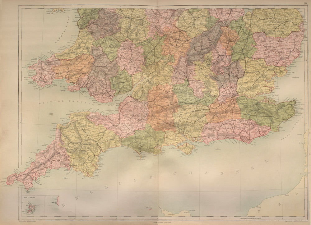 England & Wales South Sheet. Counties & railways. BARTHOLOMEW 1870 old map