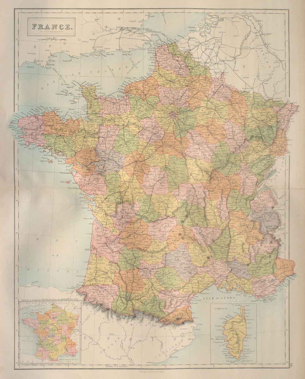 France in Departments. Railways. BARTHOLOMEW 1870 old antique map plan chart