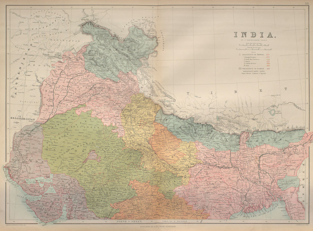 North British India. Kashmir Punjab Rajasthan Bengal Nepal BARTHOLOMEW 1870 map