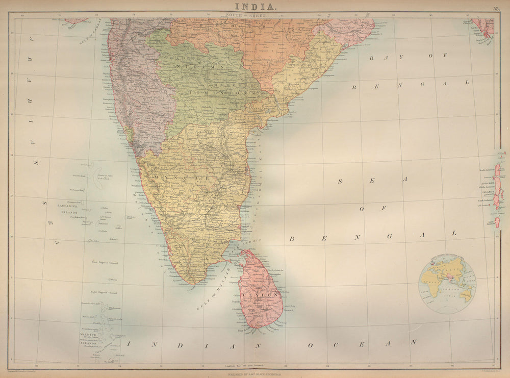 South India. Sri Lanka Ceylon. Mysore. Nizam's Dominions. BARTHOLOMEW 1870 map