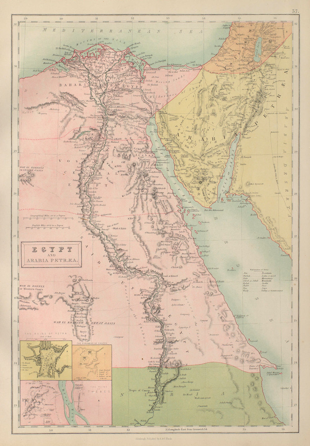 Egypt & Arabia Petraea. Nile Valley Inset Petra Giza Thebes BARTHOLOMEW 1870 map