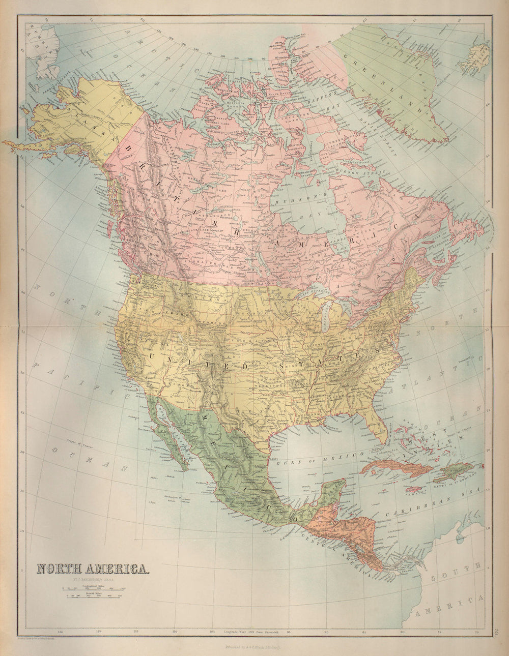 North America. USA. Dominion of Canada. Mexico Greenland. BARTHOLOMEW 1870 map