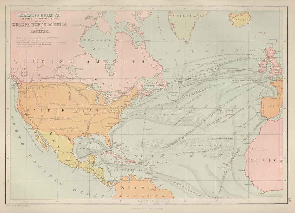 North Atlantic Ocean. Telegraph cables, Steamer routes. BARTHOLOMEW 1870 map