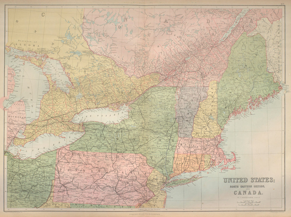 North East USA & Canada. Great Lakes. New England NY PA. BARTHOLOMEW 1870 map