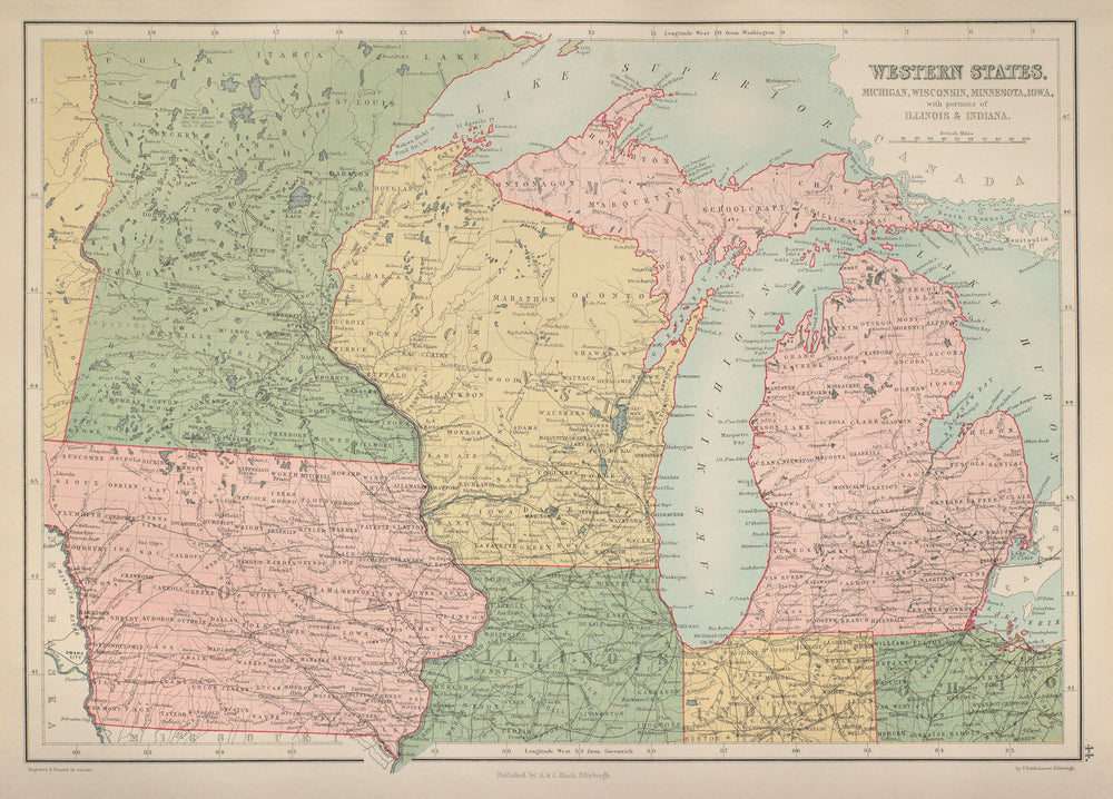 USA Midwest Great Lakes. Michigan Wisconsin Minnesota Iowa. BARTHOLOMEW 1870 map
