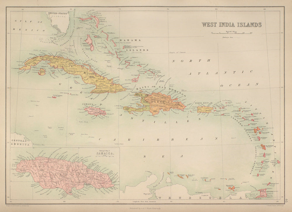 West India Islands. West Indies Caribbean Jamaica Antilles. BARTHOLOMEW 1870 map