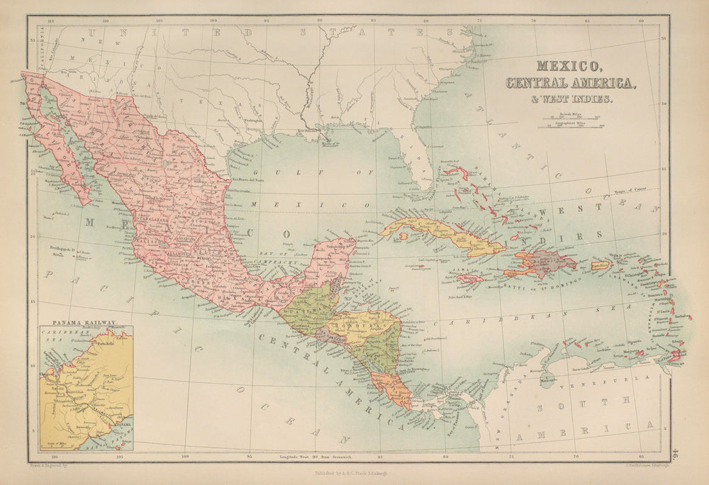 Mexico, Central America & West Indies. Panama Railway. BARTHOLOMEW 1870 map