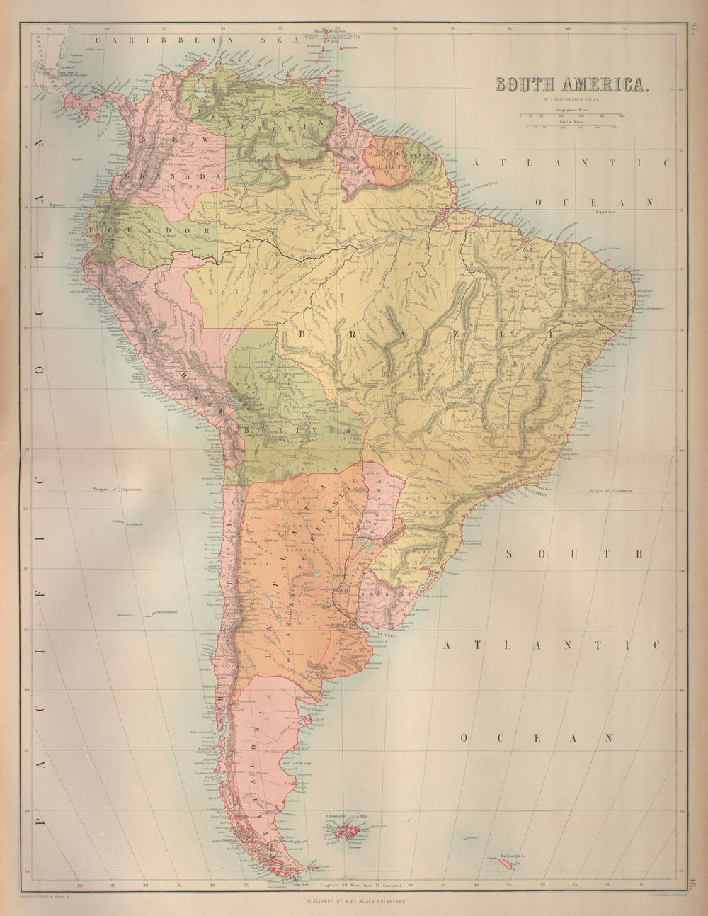 South America. Bolivia w/ Litoral pre War of the Pacific. BARTHOLOMEW 1870 map