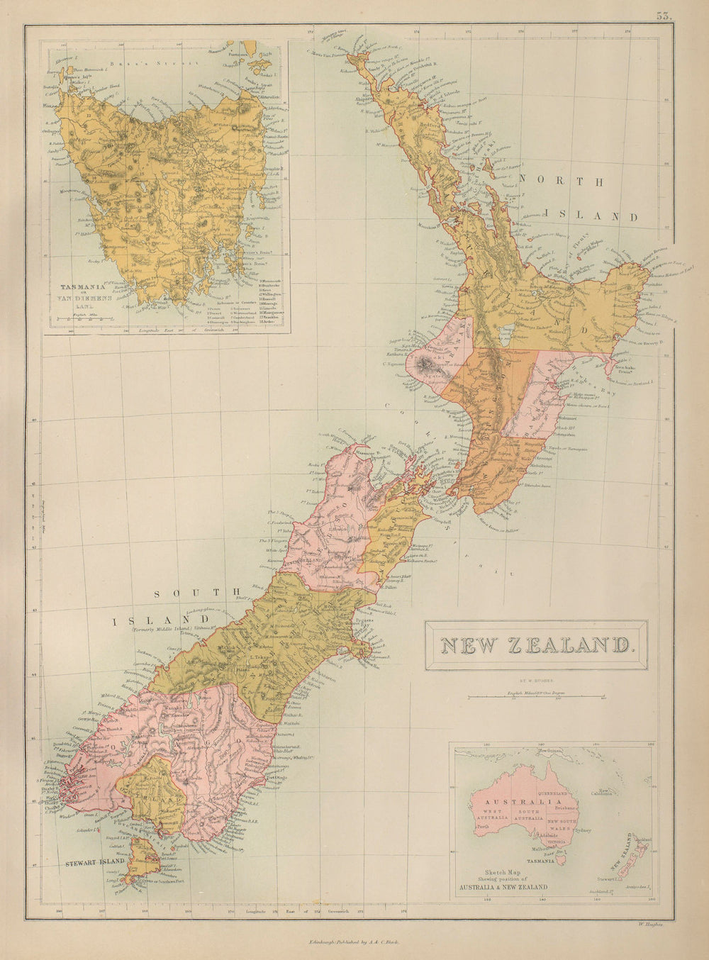 New Zealand in provinces & Tasmania or Van Diemen's Land. BARTHOLOMEW 1870 map