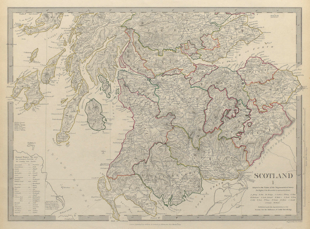 SCOTLAND SOUTH Shows castles & kirks. Former county names inset. SDUK 1844 map