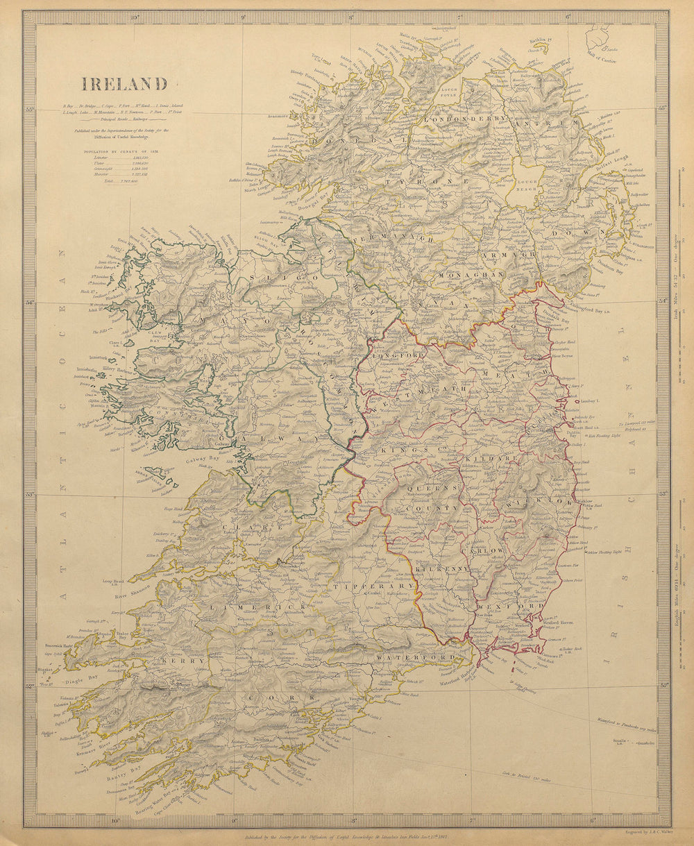 IRELAND with roads. 1st Irish railway Kingstown-Dublin-Drogheda SDUK 1844 map
