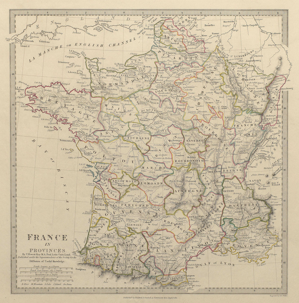 FRANCE with pre-Revolutionary PROVINCES. Original hand colour SDUK 1844 map