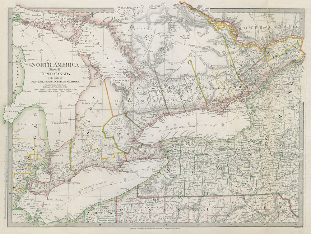 GREAT LAKES Upper Canada <1849 districts Lake Ontario Huron Erie SDUK 1844 map