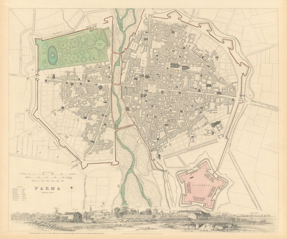 PARMA antique city town map plan & panorama Parme SDUK 1844 old