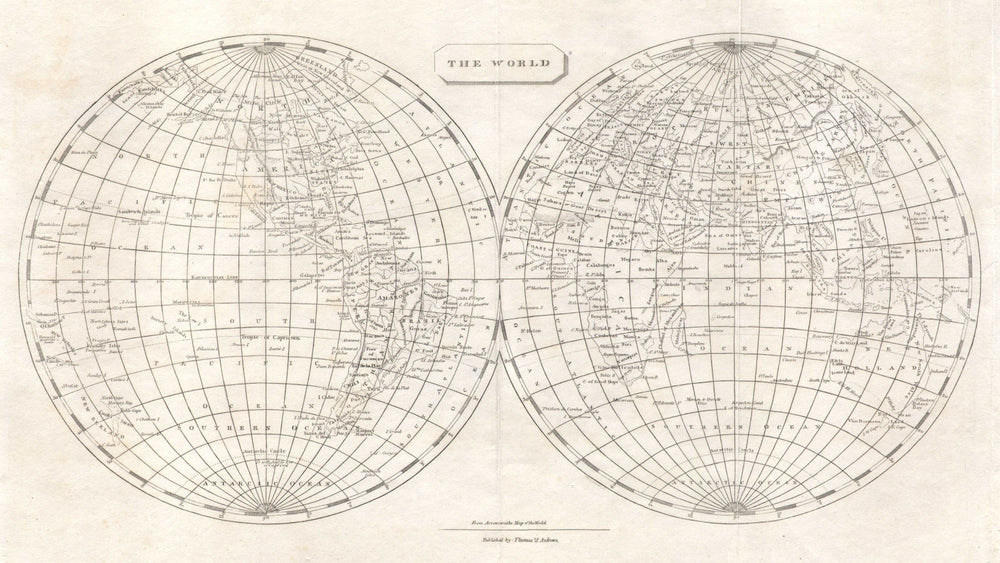 The World in Hemispheres by Arrowsmith & Lewis 1812 old antique map plan chart