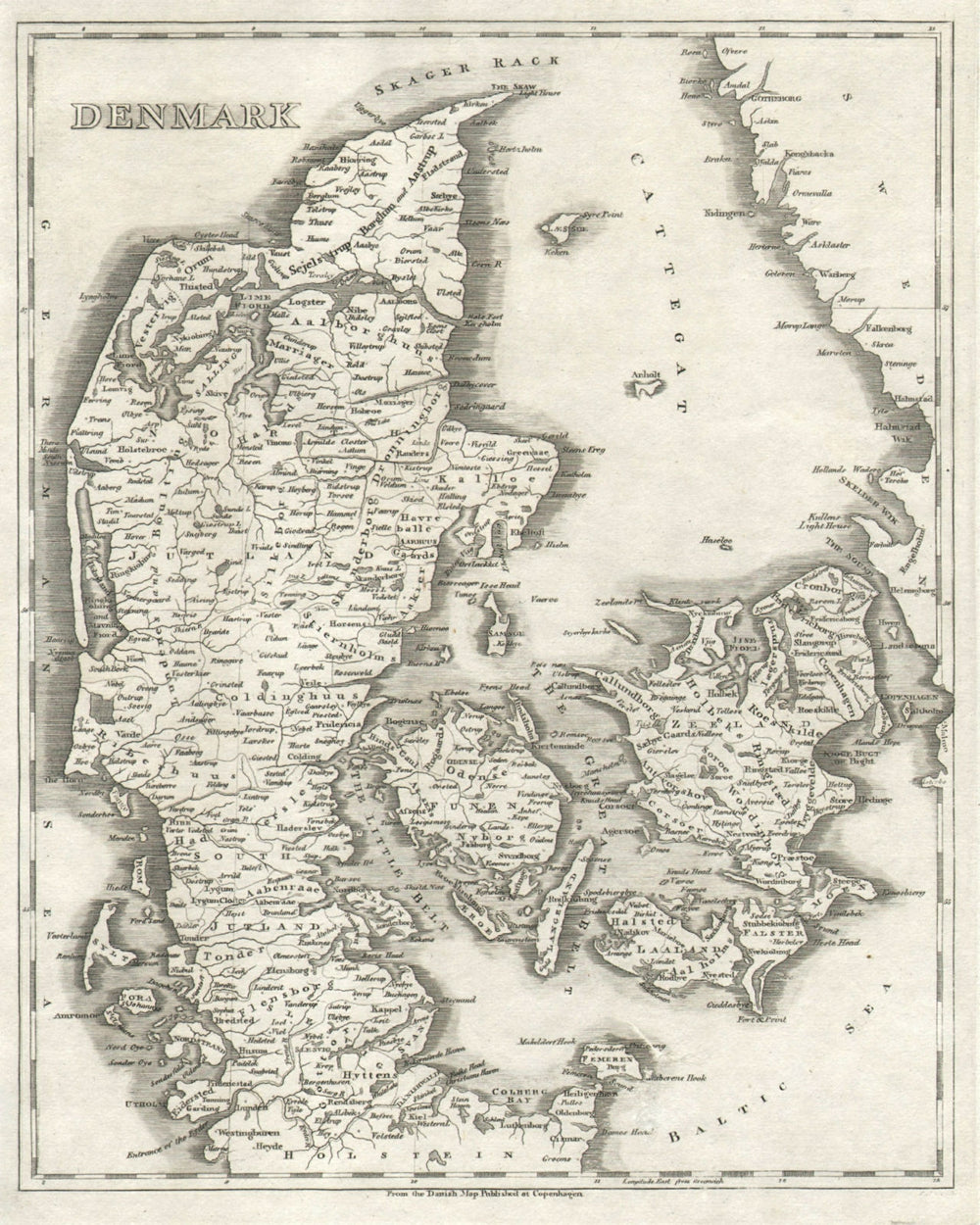 Denmark by Arrowsmith & Lewis 1812 old antique vintage map plan chart