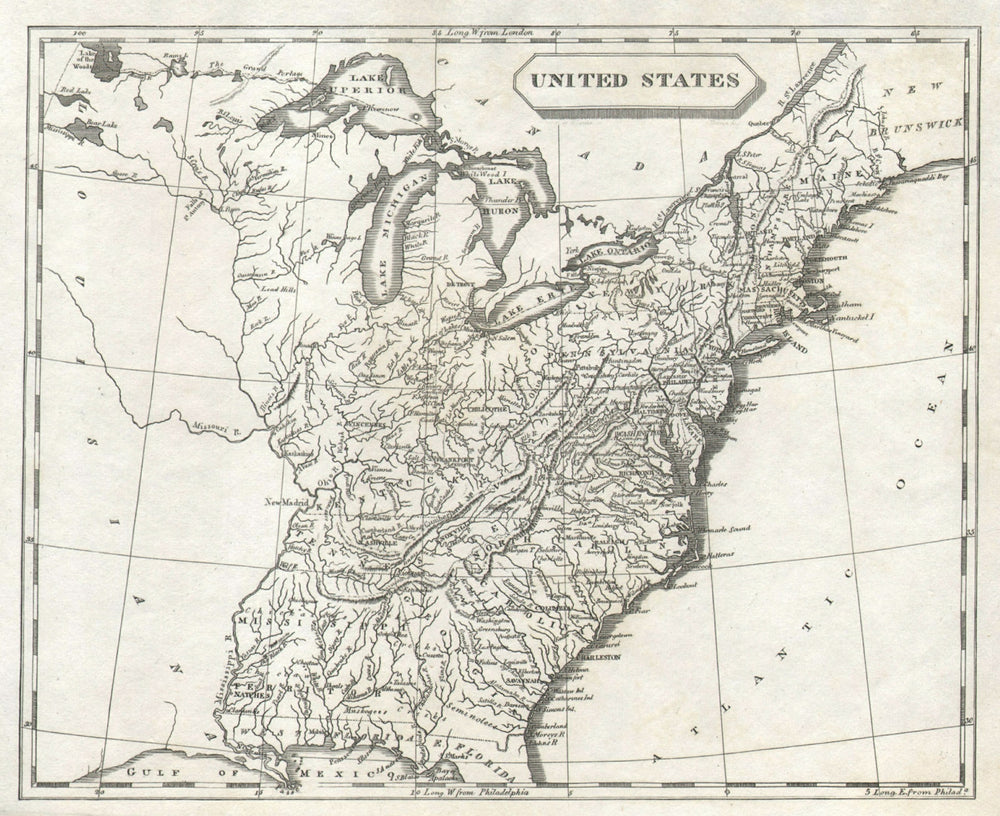 United States of America by Arrowsmith & Lewis. 17 States 1812 old antique map