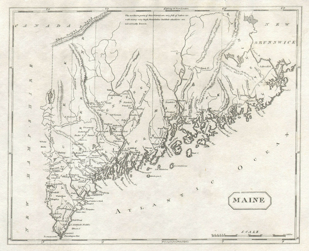 Maine state map by Arrowsmith & Lewis 1812 old antique vintage plan chart