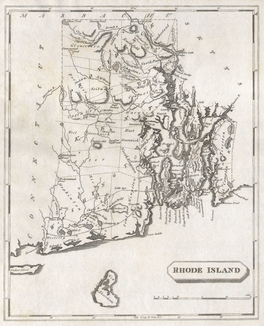 Rhode Island state map by Arrowsmith & Lewis 1812 old antique plan chart