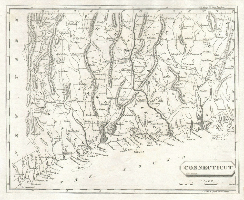 Connecticut state map by Arrowsmith & Lewis 1812 old antique plan chart
