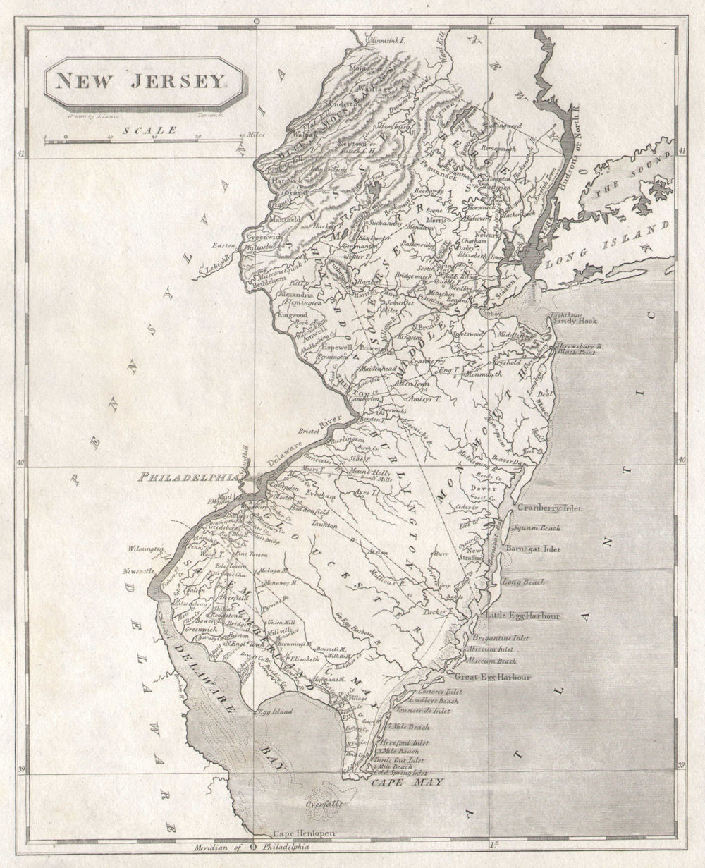 New Jersey state map by Arrowsmith & Lewis 1812 old antique plan chart
