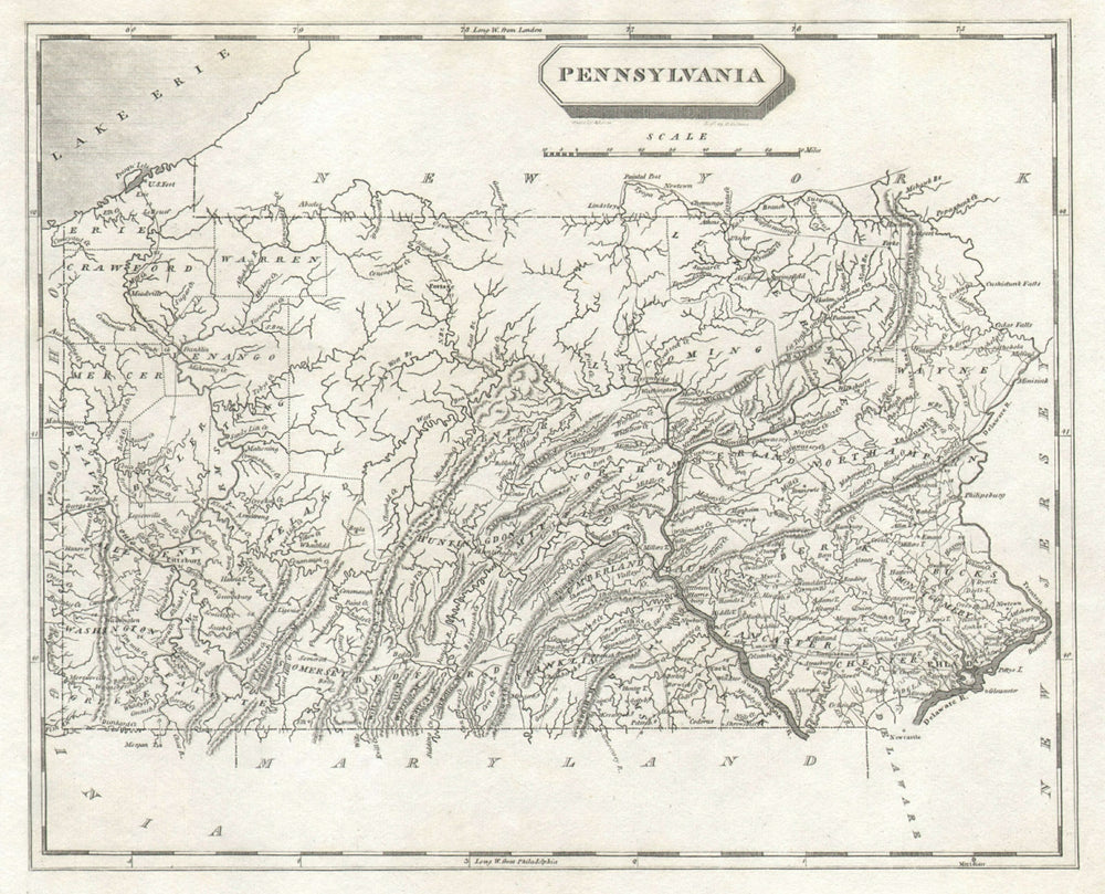 Pennsylvania state map by Arrowsmith & Lewis 1812 old antique plan chart