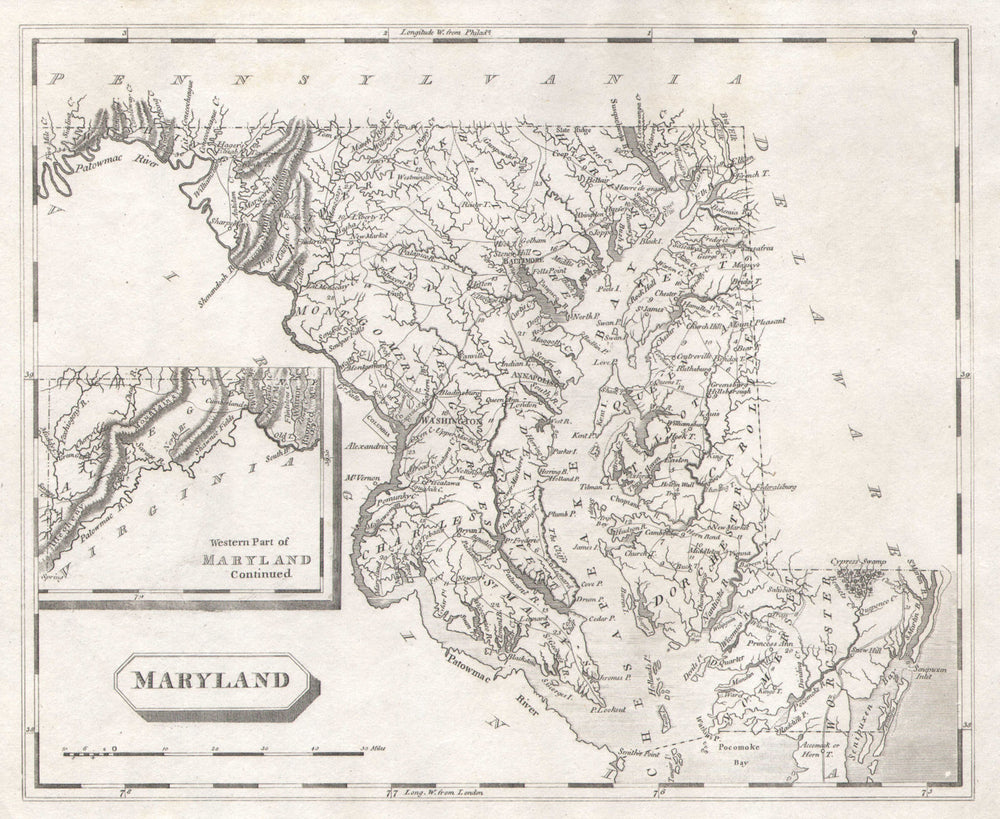 Maryland state map by Arrowsmith & Lewis 1812 old antique plan chart
