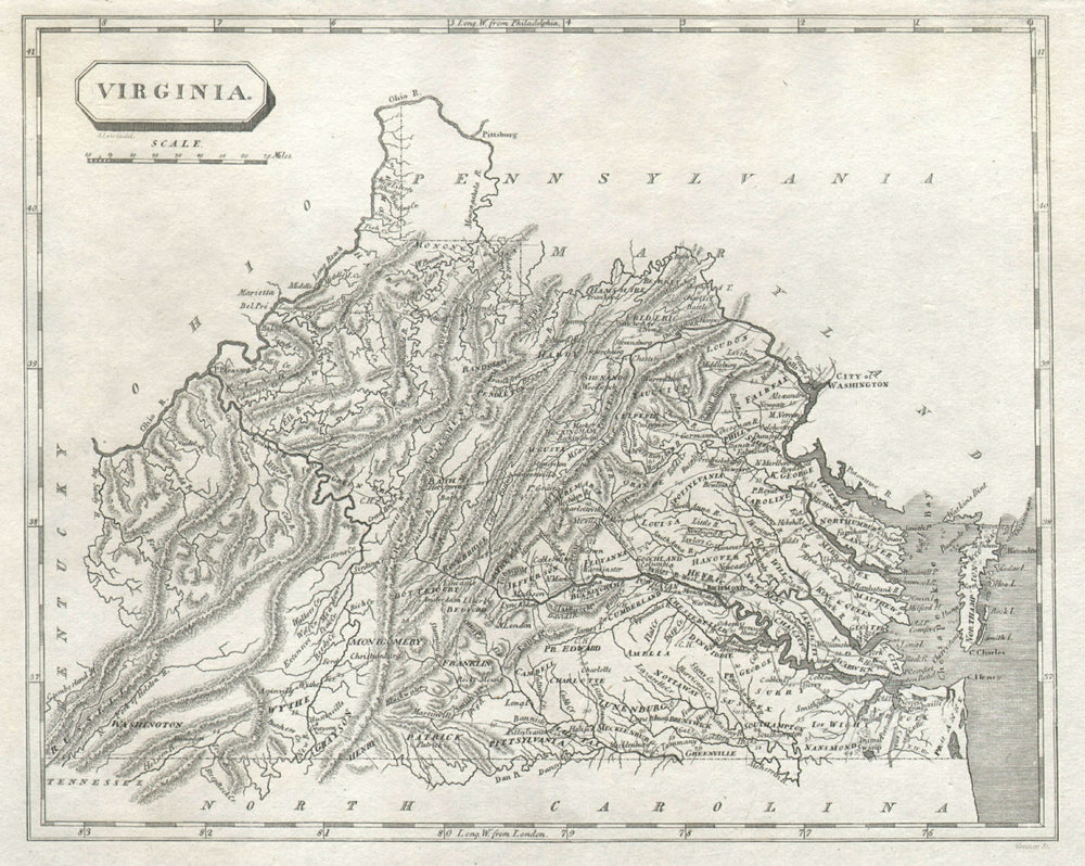 Virginia state map by Arrowsmith & Lewis 1812 old antique plan chart