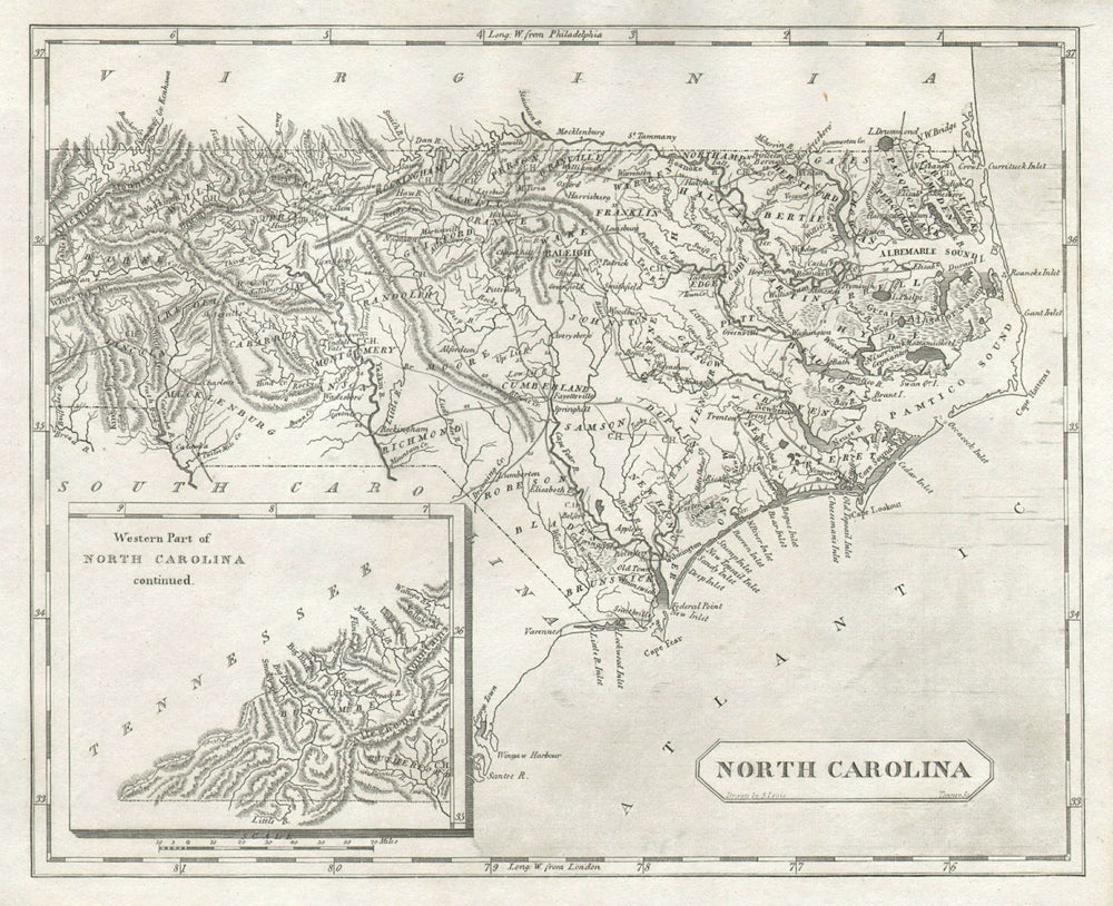 North Carolina state map by Arrowsmith & Lewis 1812 old antique plan chart