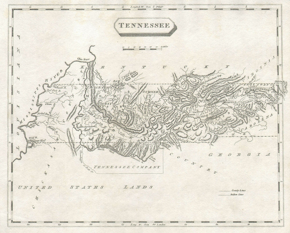 Tennessee state map by Arrowsmith & Lewis. Tennessee Company 1812 old