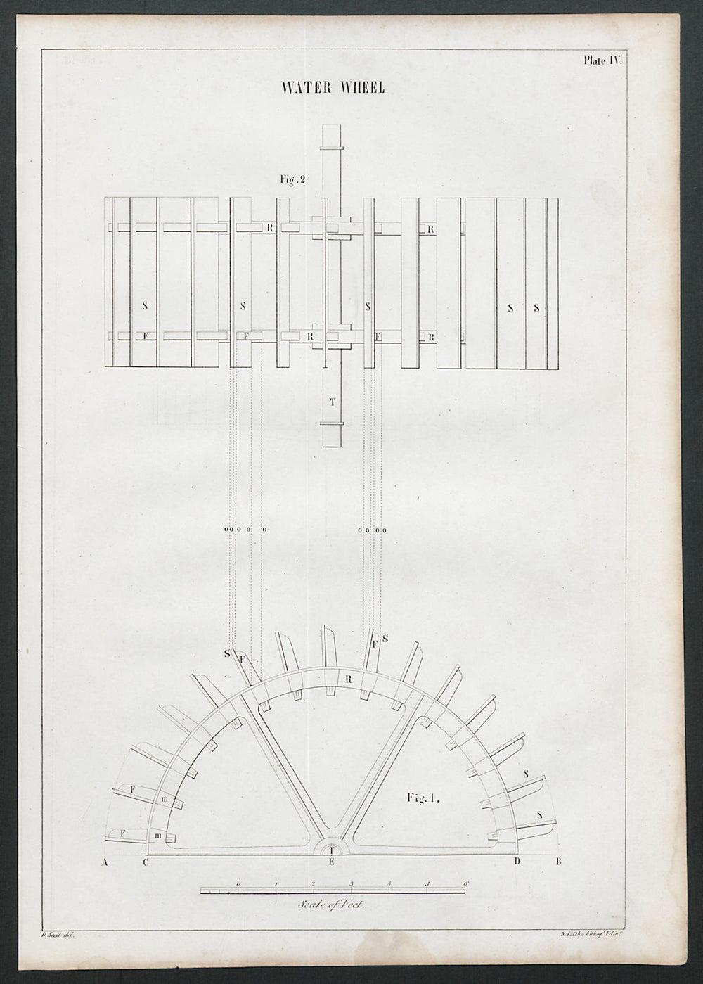 VICTORIAN ENGINEERING DRAWING Water wheel 1847 old antique print picture