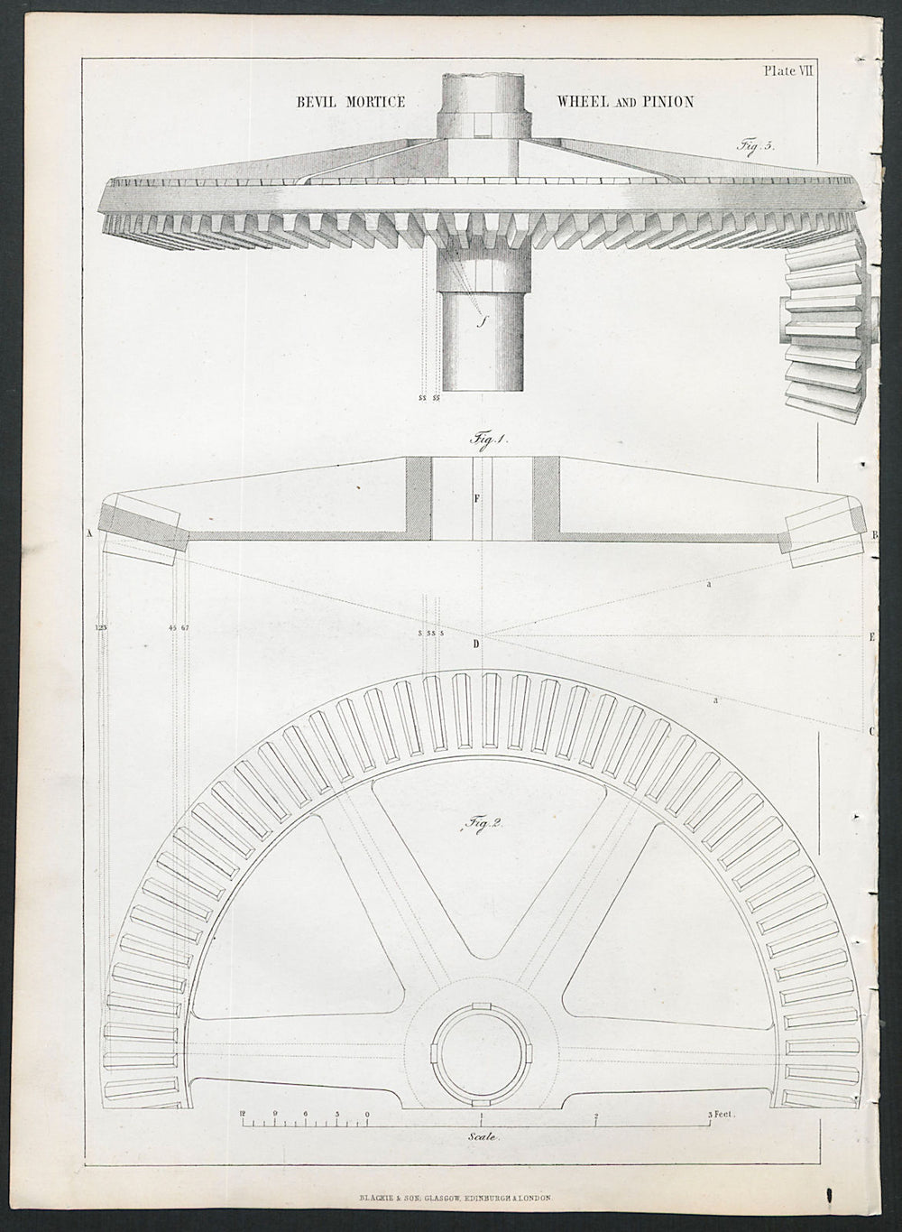 VICTORIAN ENGINEERING DRAWING Bevil mortice wheel and pinion 1847 old print