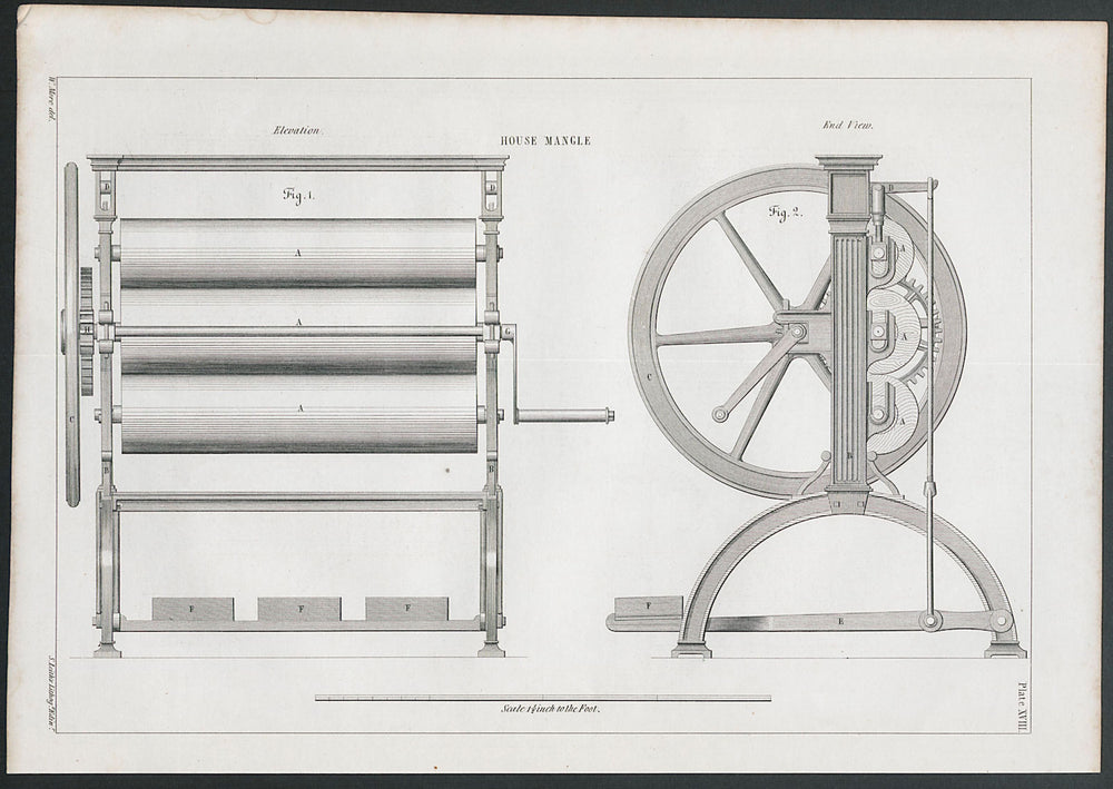 VICTORIAN ENGINEERING DRAWING House mangle 1847 old antique print picture