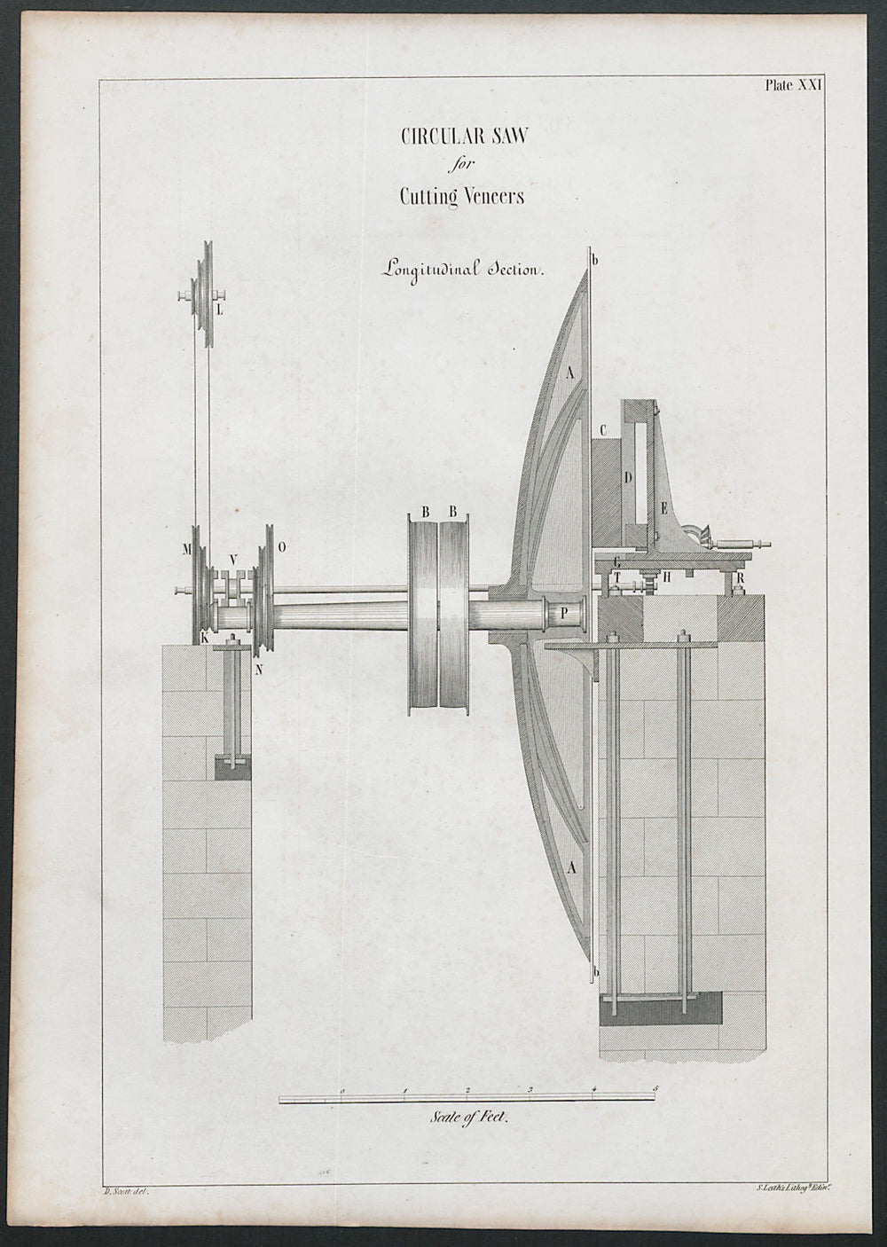 VICTORIAN ENGINEERING DRAWING Circular saw for cutting veneers. Section 1847