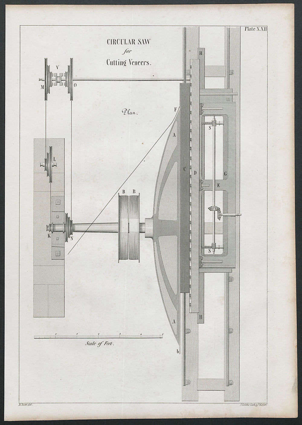 VICTORIAN ENGINEERING DRAWING Circular saw for cutting veneers  1847 old print
