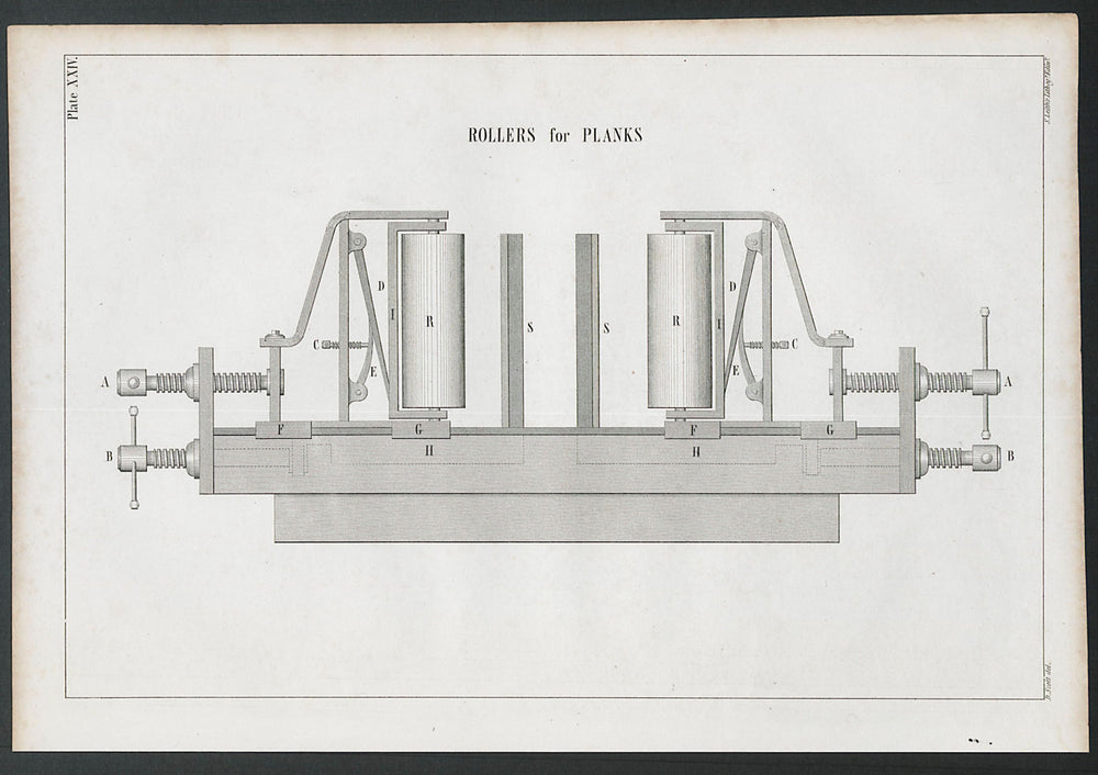 VICTORIAN ENGINEERING DRAWING Rollers for planks 1847 old antique print