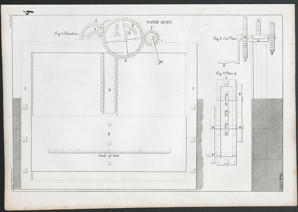 VICTORIAN ENGINEERING DRAWING Water Sluice 1847 old antique print picture