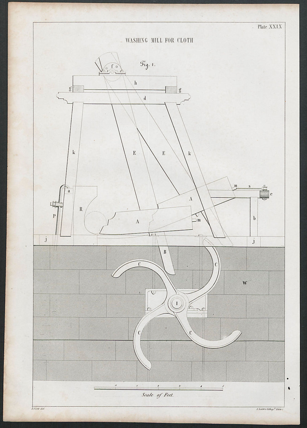 VICTORIAN ENGINEERING DRAWING Washing mill for cloth (1) 1847 old print