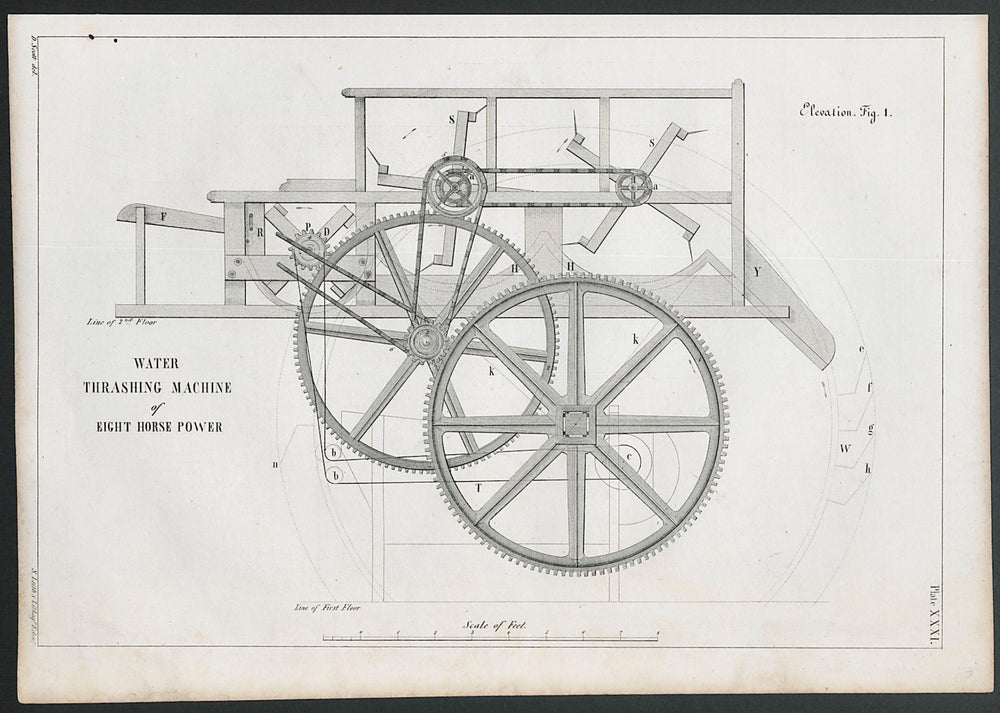 VICTORIAN ENGINEERING DRAWING 8hp Water thrashing machine, elevation 1847