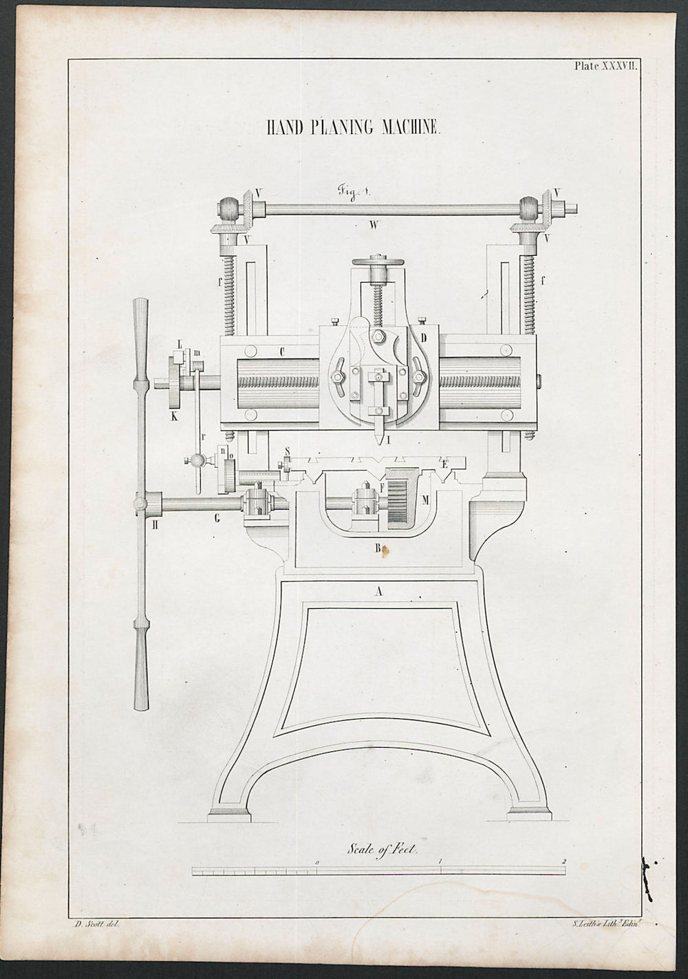 VICTORIAN ENGINEERING DRAWING Hand planing machine. Fig 1 1847 old print