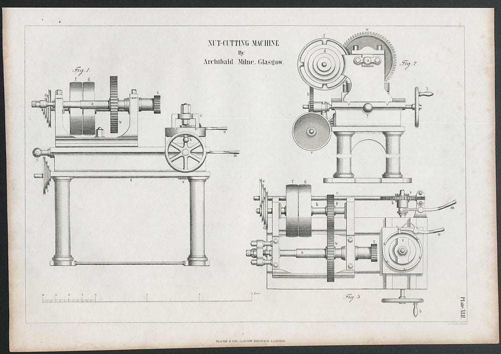 VICTORIAN ENGINEERING DRAWING Nut cutting machine. Archibald Milne, Glasgow 1847
