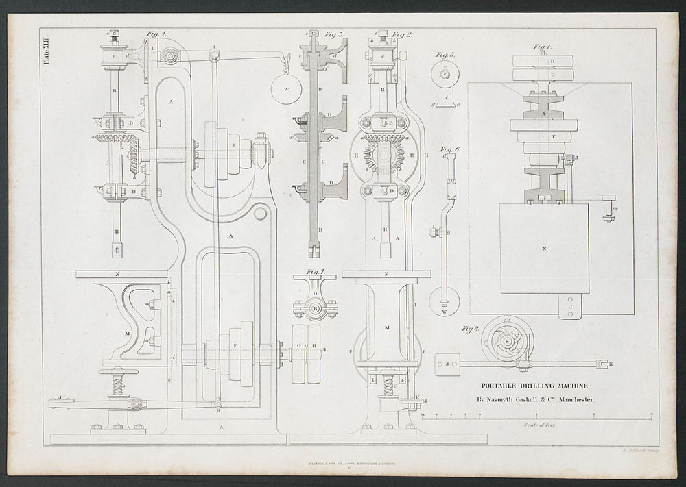 19C ENGINEERING DRAWING Drilling machine. Nasmyth Gaskell, Manchester 1847