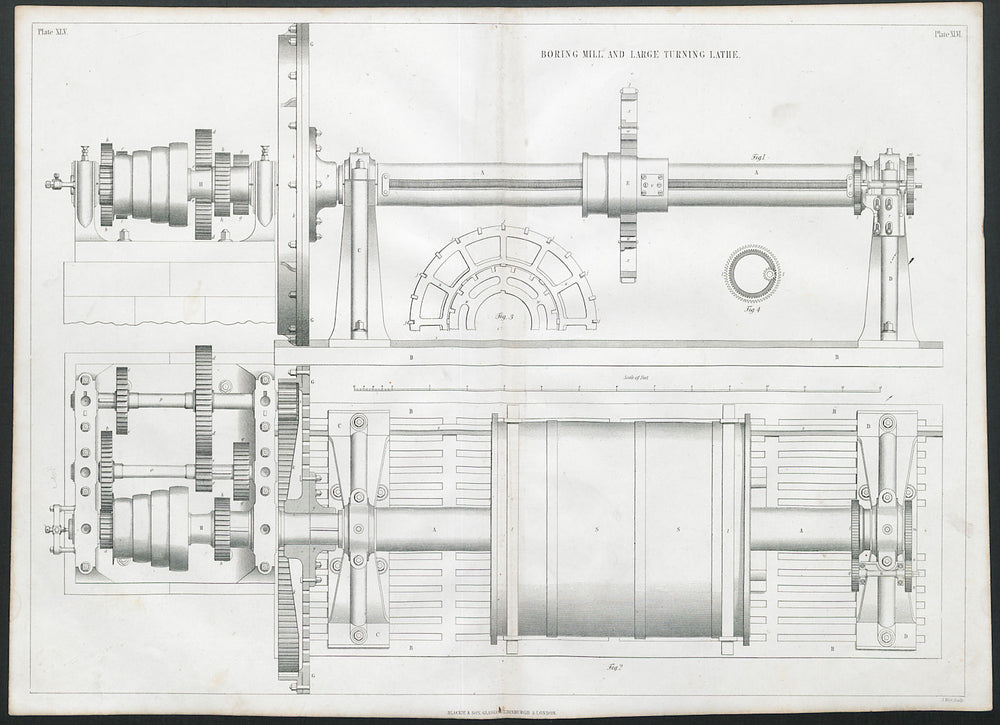 VICTORIAN ENGINEERING DRAWING Boring mill and large turning lathe 1847 print