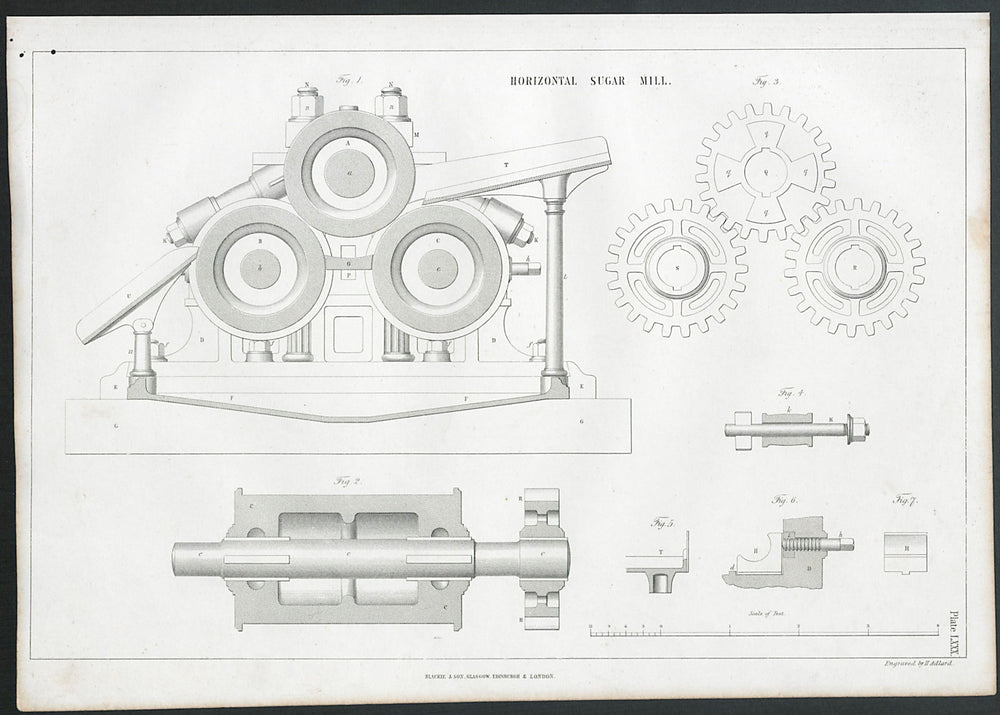 VICTORIAN ENGINEERING DRAWING Horizontal sugar mill (2) 1847 old antique print
