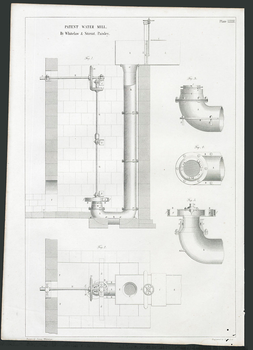 VICTORIAN ENGINEERING DRAWING Patent water mill. Whitelaw & Stirrat Paisley 1847