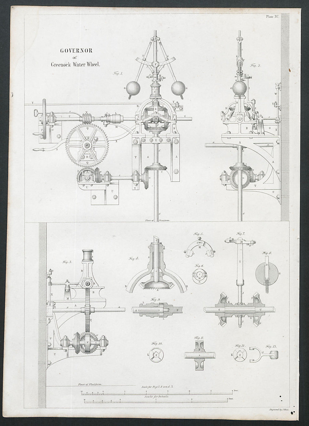 VICTORIAN ENGINEERING DRAWING Governor of Greenock water wheel 1847 old print