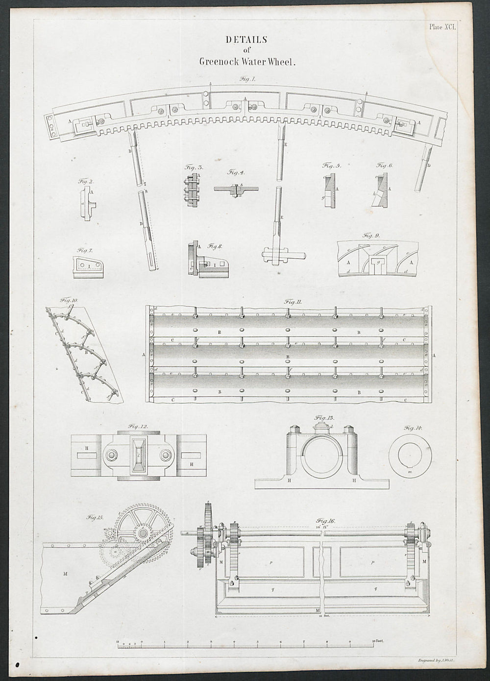 VICTORIAN ENGINEERING DRAWING Details of Greenock water wheel 1847 old print